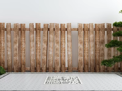 Elegant Garden Decor Design With Wooden Fence Stone Slab Floor Patterned Mat And Green Plants 3d model