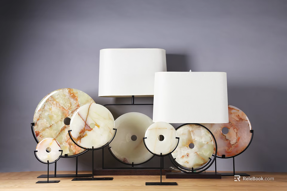 Natural Marble Decorative Ornament Set with Black Metal Stands and White Lamp Shades 3d model 