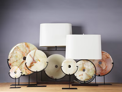 Natural Marble Decorative Ornament Set with Black Metal Stands and White Lamp Shades 3d model