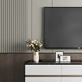 Modern TV Stand With White Black Design Gold Accents And Decorative Items