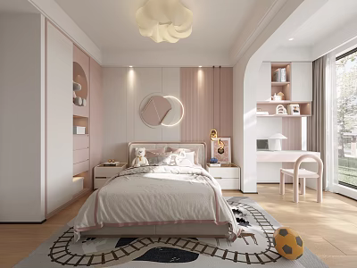 Modern Kids Room Interior With Cloud Chandelier Round Mirror Desk Chair And Soccer Ball Rug 3d model