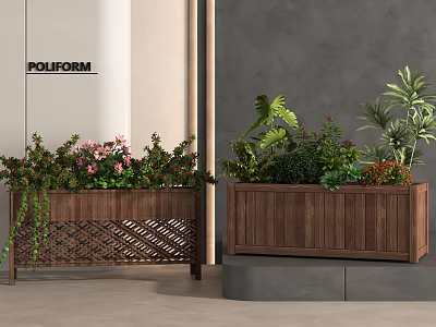 Decorative Wooden Planters Holding Potted Plants With Pink Flowers And Green Foliage 3d model