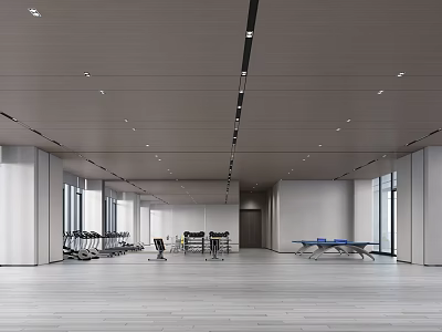 Spacious Bright Modern Indoor Fitness Studio With Treadmills Ping Pong Table And Large Windows 3d model