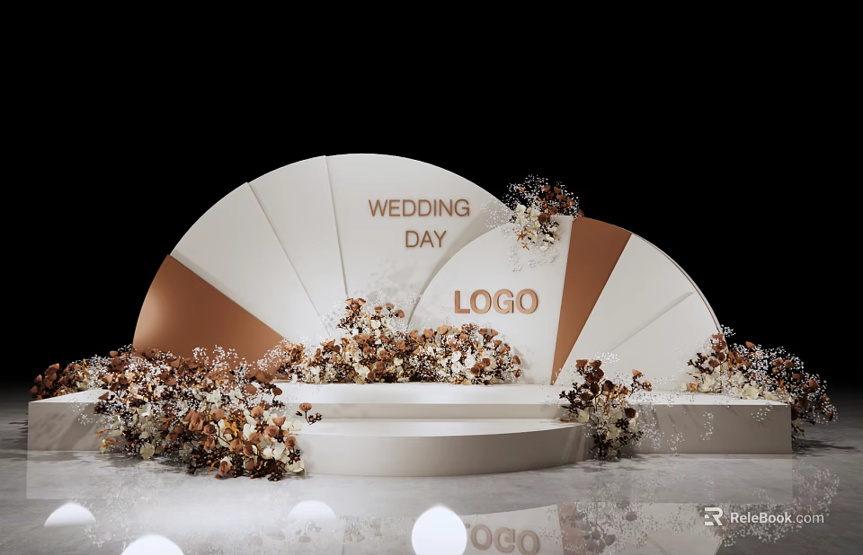 Wedding Floral Decor With Fan Shaped Backdrop And Brown White Flowers On Elegant Stage Setup 3d model 