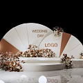 Wedding Floral Decor With Fan Shaped Backdrop And Brown White Flowers On Elegant Stage Setup