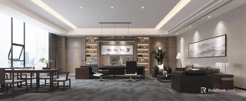 Modern Professional Office Interior With Executive Desk Bookshelves Sofa Green Plant And Gray Carpet 3d model 