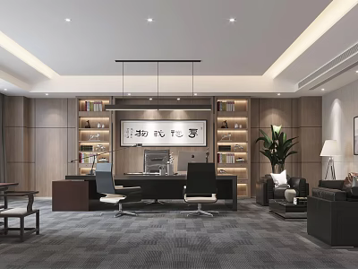 Modern Professional Office Interior With Executive Desk Bookshelves Sofa Green Plant And Gray Carpet 3d model