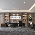 Modern Professional Office Interior With Executive Desk Bookshelves Sofa Green Plant And Gray Carpet