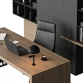 Modern Office Desk With Wooden Top Laptop Open Book Desk Lamp And Black Chair