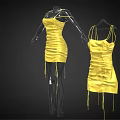 Yellow Spaghetti Strap Ruched Dress With Drawstring Details On Mannequin And Hanger