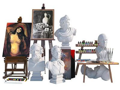 Art Supplies Collection Including Easel Paintings Bust Sculptures Paints Brushes And Palette 3d model