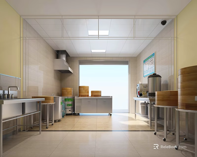Commercial Kitchen Interior Design With Stainless Steel Worktables Bamboo Steamers And Bright Lighting 3d model 
