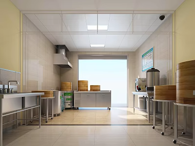 Commercial Kitchen Interior Design With Stainless Steel Worktables Bamboo Steamers And Bright Lighting 3d model