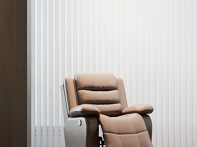 Brown Two Seater Recliner Sofa With White Blinds And Dark Wooden Accent 3d model