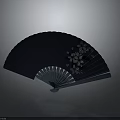 Open Dark Blue Fan With White Cherry Blossom Pattern And Reflection On Gray Background 3d model