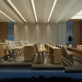 School Classroom Interior With Wooden Desks Chairs And Ceiling Lighting