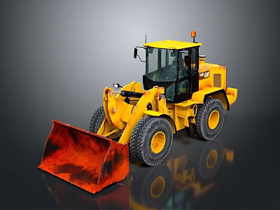 Yellow Construction Loader With Large Bucket And Black Tires On Reflective Surface 3d model