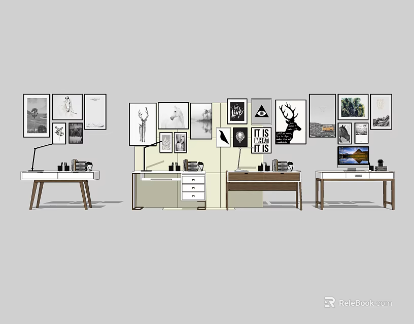 Modern Study Desk With Table Lamp Drawer Cabinet And Wall Decorative 3d model