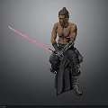 Bald Bearded Shirtless Character In Black Pants Sitting With Metal Arm Guards And Pink Sword