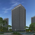Modern High Rise Residential Building With Green Surroundings And Trees Against Blue Sky Background