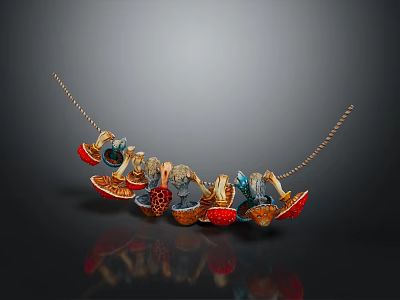 Exquisite Enamel Multi Pendant Necklace With Gold Chain And Colorful Red Blue Accents 3d model