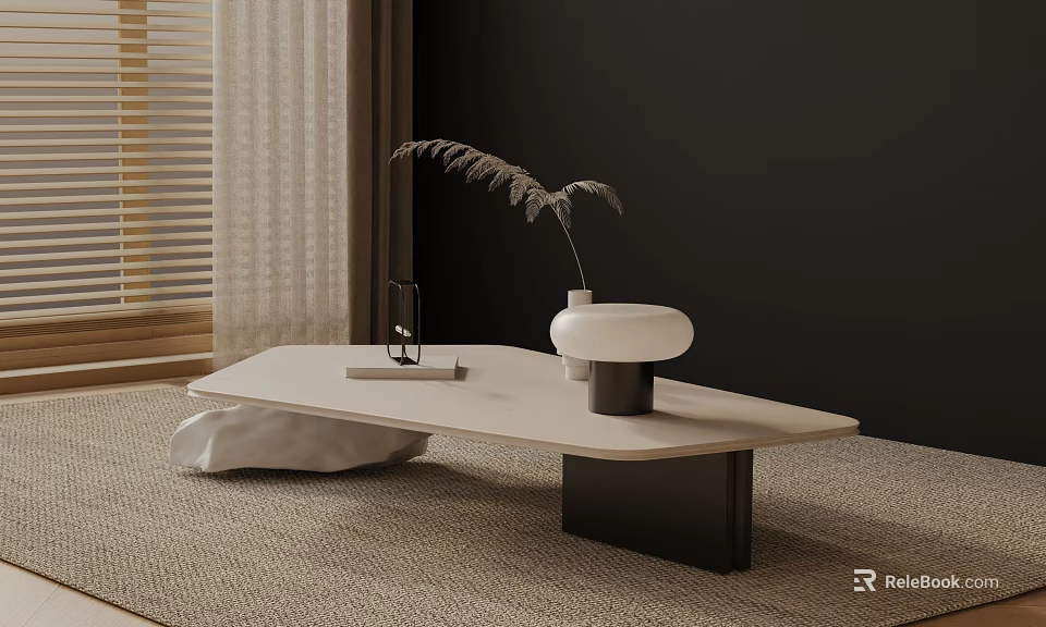 Modern Minimalist Sofa Coffee Table Set With Light Carpet Vase Dry Flowers And Dark Wall 3d model 