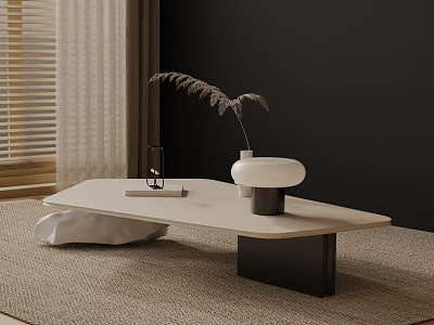 Modern Minimalist Sofa Coffee Table Set With Light Carpet Vase Dry Flowers And Dark Wall 3d model