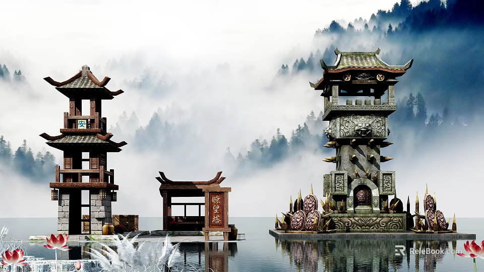 Cartoon Scene With Chinese Style Towers Pavilion by Water and Misty Forest 3d model 