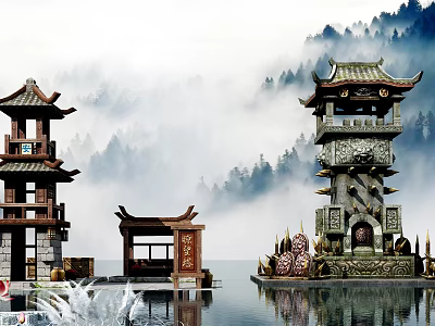 Cartoon Scene With Chinese Style Towers Pavilion by Water and Misty Forest 3d model