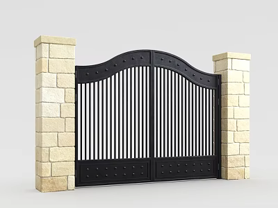 Elegant Black Metal Entrance Gate With Vertical Slats And Stone Pillars 3d model