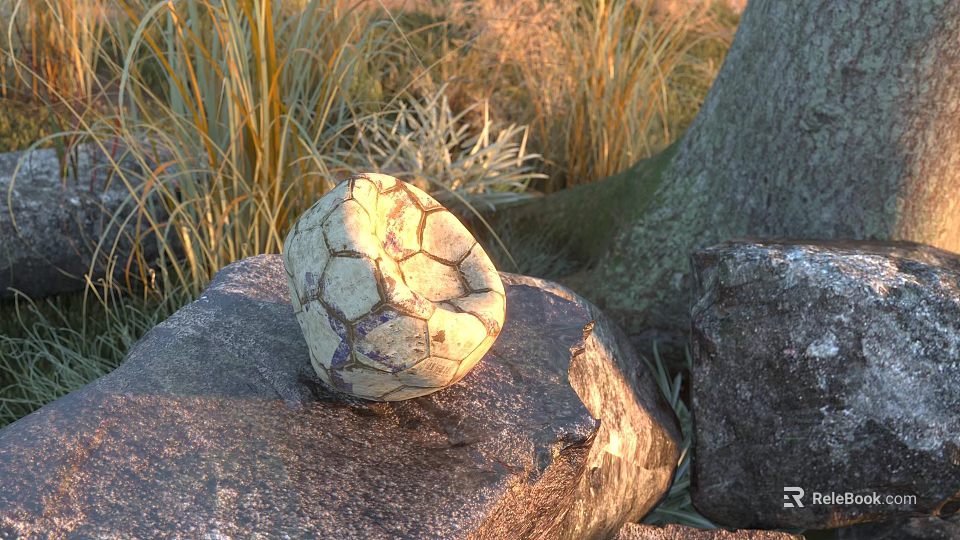 Football Sports Equipment On Stone With Grass Trees Sunset Light Cracked White Black Blue Surface 3d model 