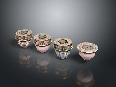 Decorative Lamp Set With Pink Blue Shades And Gold Trimmed Patterns 3d model