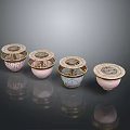 Decorative Lamp Set With Pink Blue Shades And Gold Trimmed Patterns