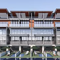 Modern Townhouse Multi Storey Design With Large Glass Windows Wooden Roofs And Balconies
