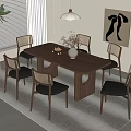 Modern Solid Wood Dining Table Set With Six Rattan Backrest Chairs And Decorative Plant Lamp Rug