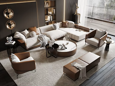 Modern Living Room Sofa Coffee Table Set With White Brown Cushions Armchairs Area Rug 3d model