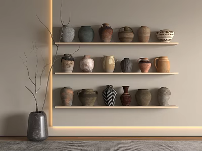 Quiet Pot Ceramic Ware Weathered Pot Ornaments Combination 3d model