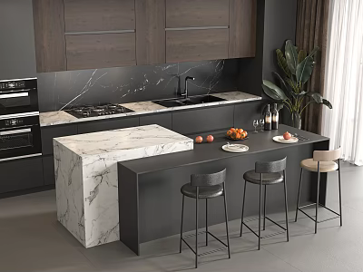 Modern Kitchen Bar Area Interior With Marble Countertop Black Bar Stools and Green Plants 3d model