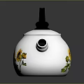 Decorative White Teapot With Sunflower Pattern Black Handle And Silver Rim