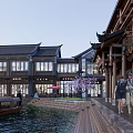 Traditional Chinese Commercial Landscape With Classical Roofs Outdoor Seating And Red Umbrellas Along Water Channel