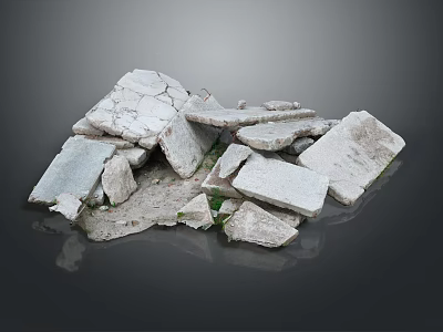 Piled Broken Concrete Stones With Rough Surface And Green Moss Debris 3d model