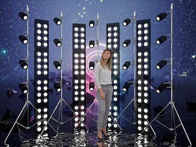 Check in Photo Spot With Starry Background And Illuminated Light Columns On Reflective Floor 3d model