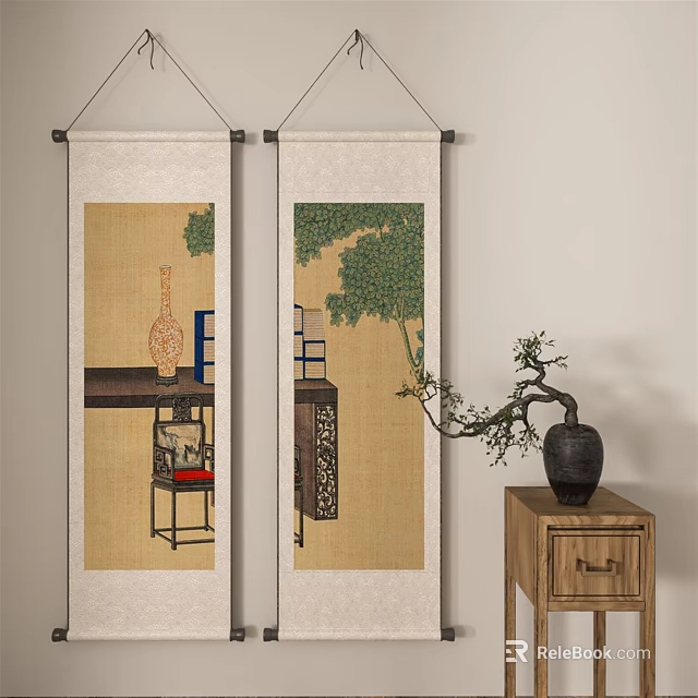 Traditional Chinese Scroll Paintings With Wooden Cabinet And Potted Plant Decor 3d model 