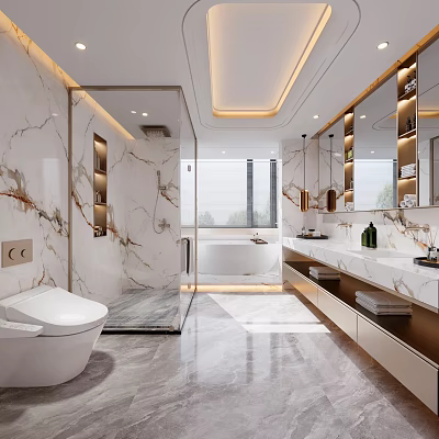 Luxurious Modern Bathroom With Marble Walls Glass Shower Free Standing Bathtub And Double Sink Vanity 3d model