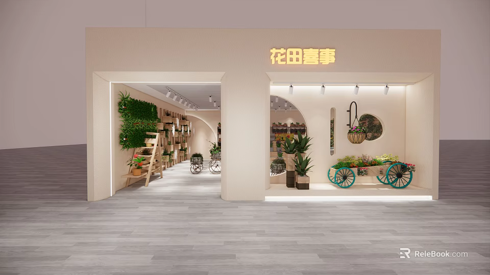 Floral Shop Interior With Green Plant Wall Flower Carts And Decorative Plants 3d model 