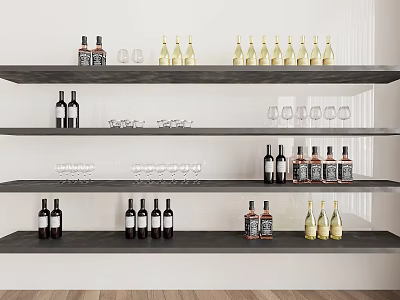Modern Gray Wall Cabinets with Shelves Displaying Wine Bottles and Wine Glasses 3d model