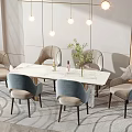 Modern Dining Table Set With Marble Top Light Blue And Beige Chairs And Decorative Vase