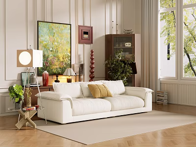 Modern Living Room White Sofa With Coffee Table Yellow Cushions Green Plants And Natural Light 3d model