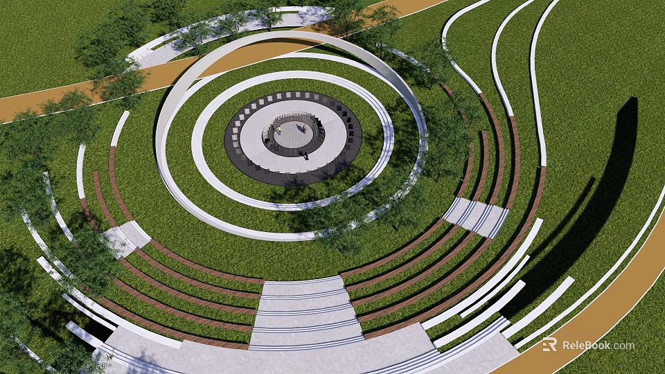 Park Landscape Featuring Circular Pathways Lush Lawns Tiered Steps And Trees 3d model 
