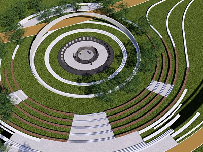 Park Landscape Featuring Circular Pathways Lush Lawns Tiered Steps And Trees 3d model